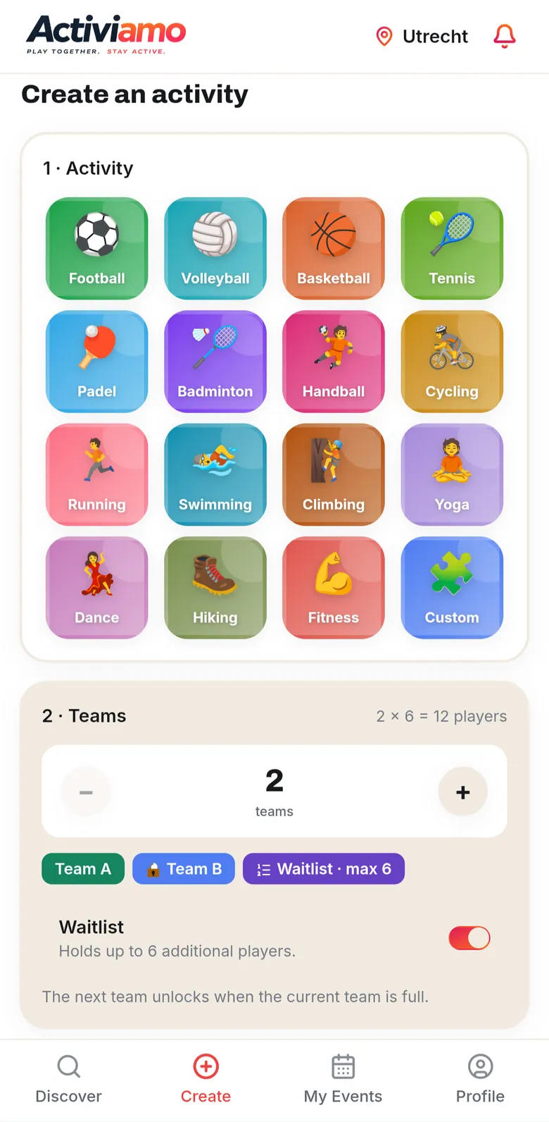 The Activiamo Create screen with the activity picker and the teams step