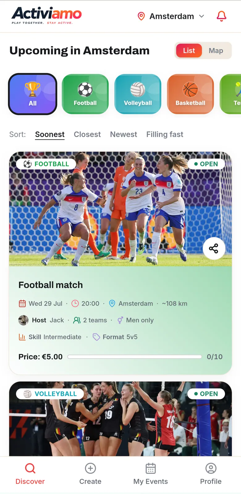 The Activiamo Discover feed listing upcoming activities with sport filter tabs