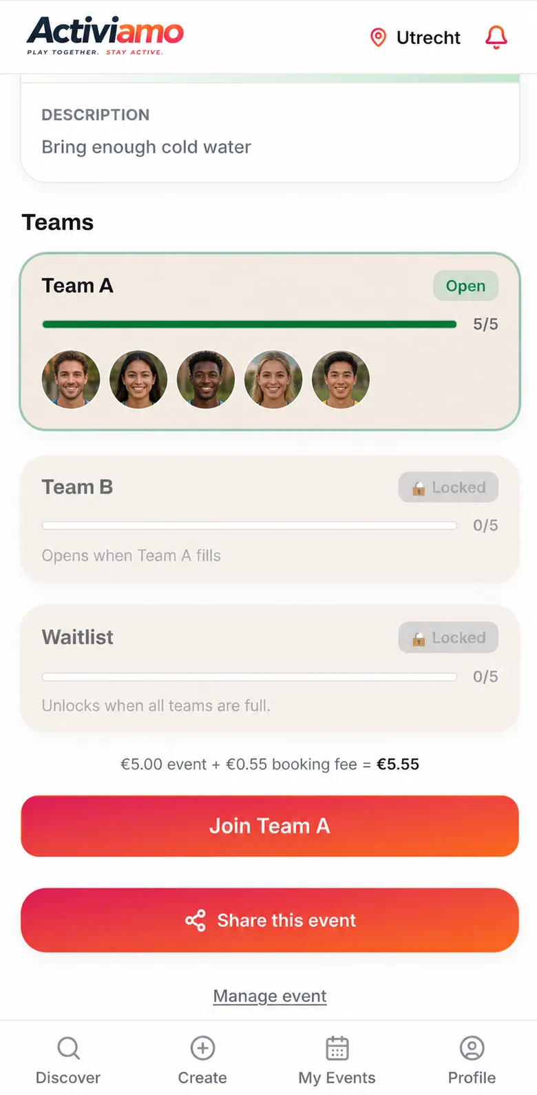 An Activiamo event with Team A open, Team B locked until it fills, and a Join Team A button