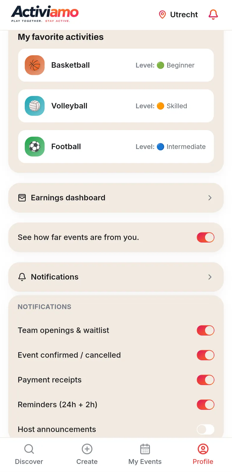 The Activiamo profile with the Earnings dashboard and payout settings