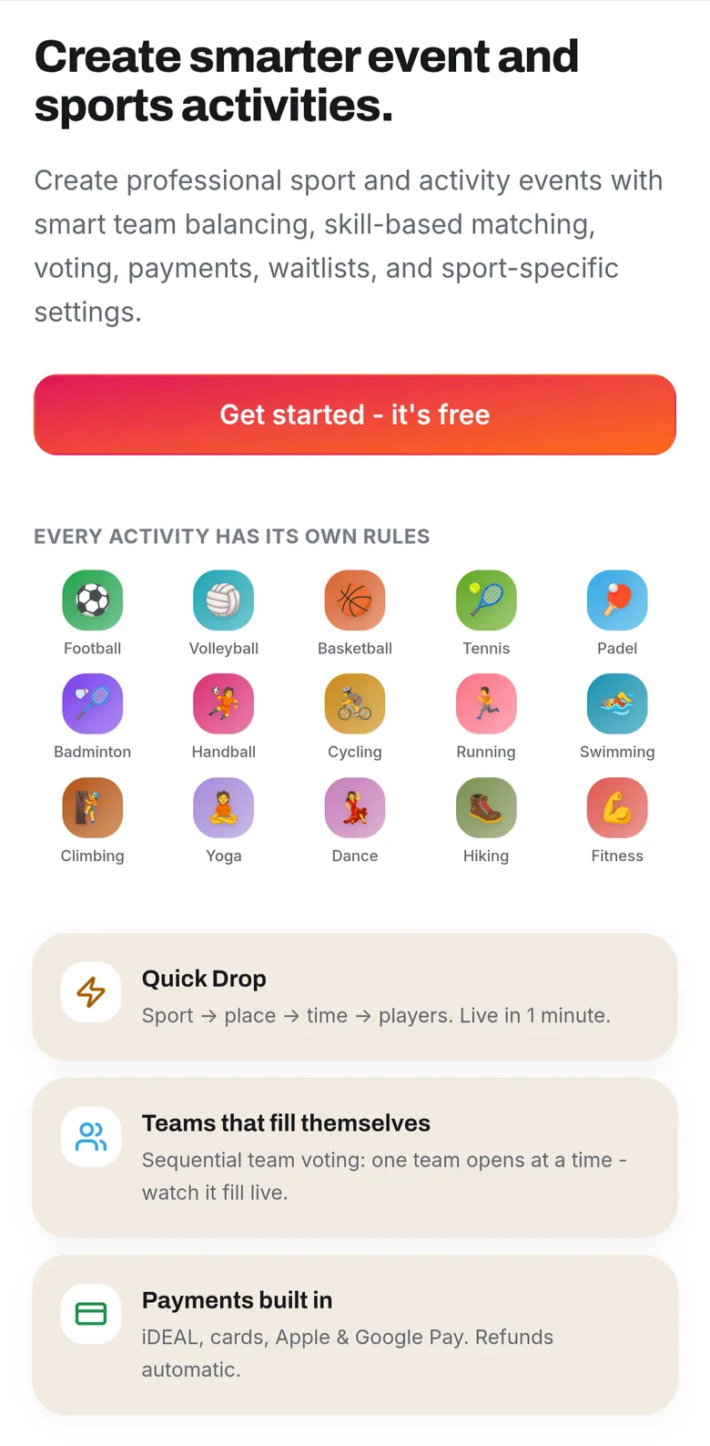 Het Activiamo-aanmeldscherm waar nieuwe leden een account aanmaken met hun favoriete sporten
